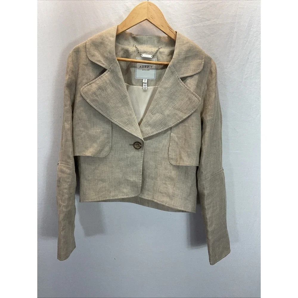 ADROIT‎ ATELIER Double Breasted Linen Blend Blazer Cropped Jacket SM office